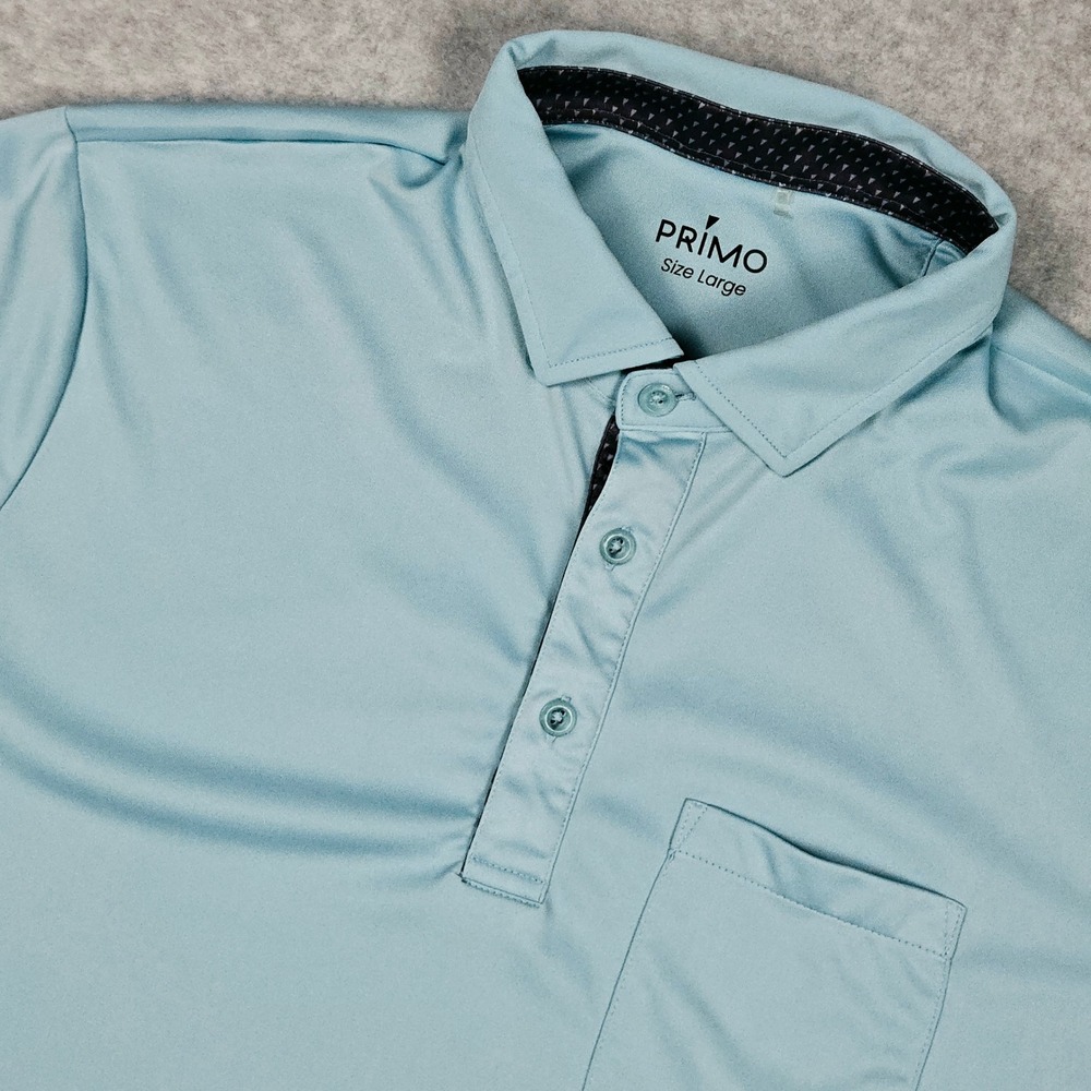Primo Mens Large Teal Blue Blade Band Collar Polo Shirt Golf Performance Stretch